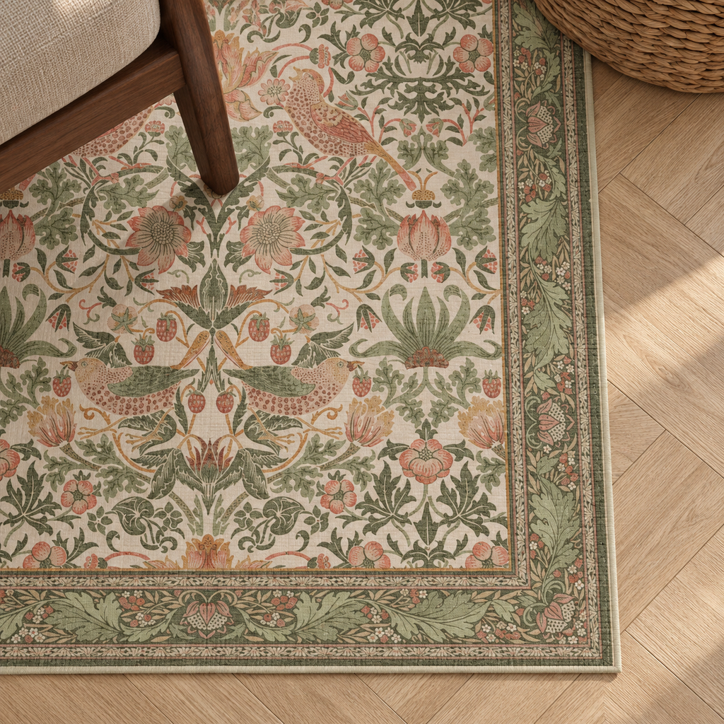 Détail du motif et de la bordure du tapis Adèle, vu du dessus