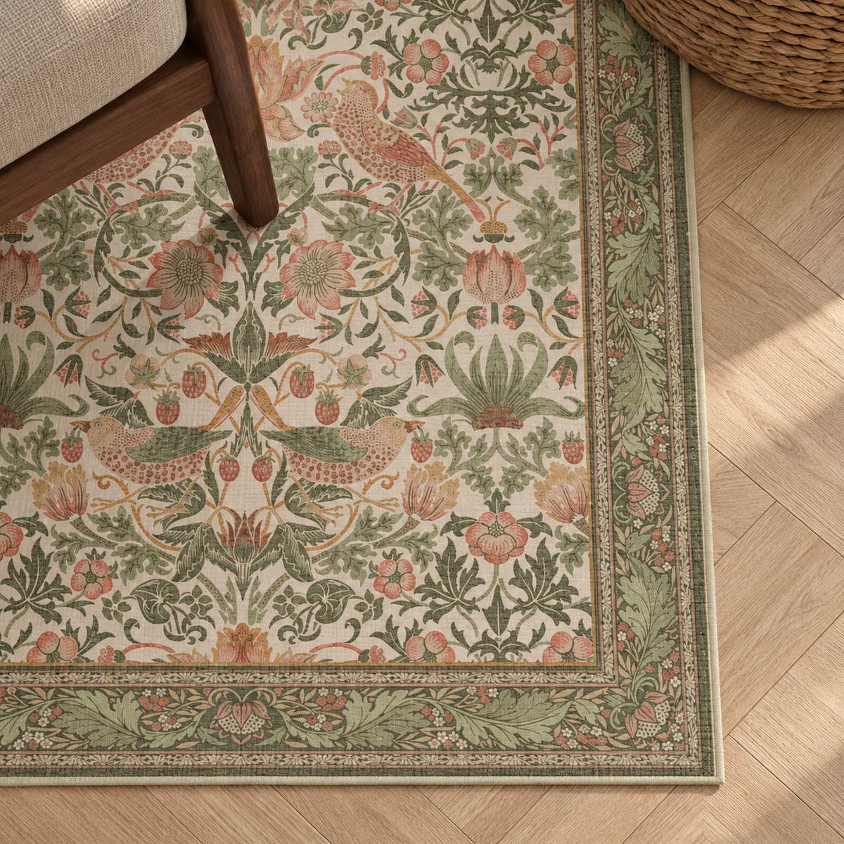 Détail du motif et de la bordure du tapis Adèle, vu du dessus