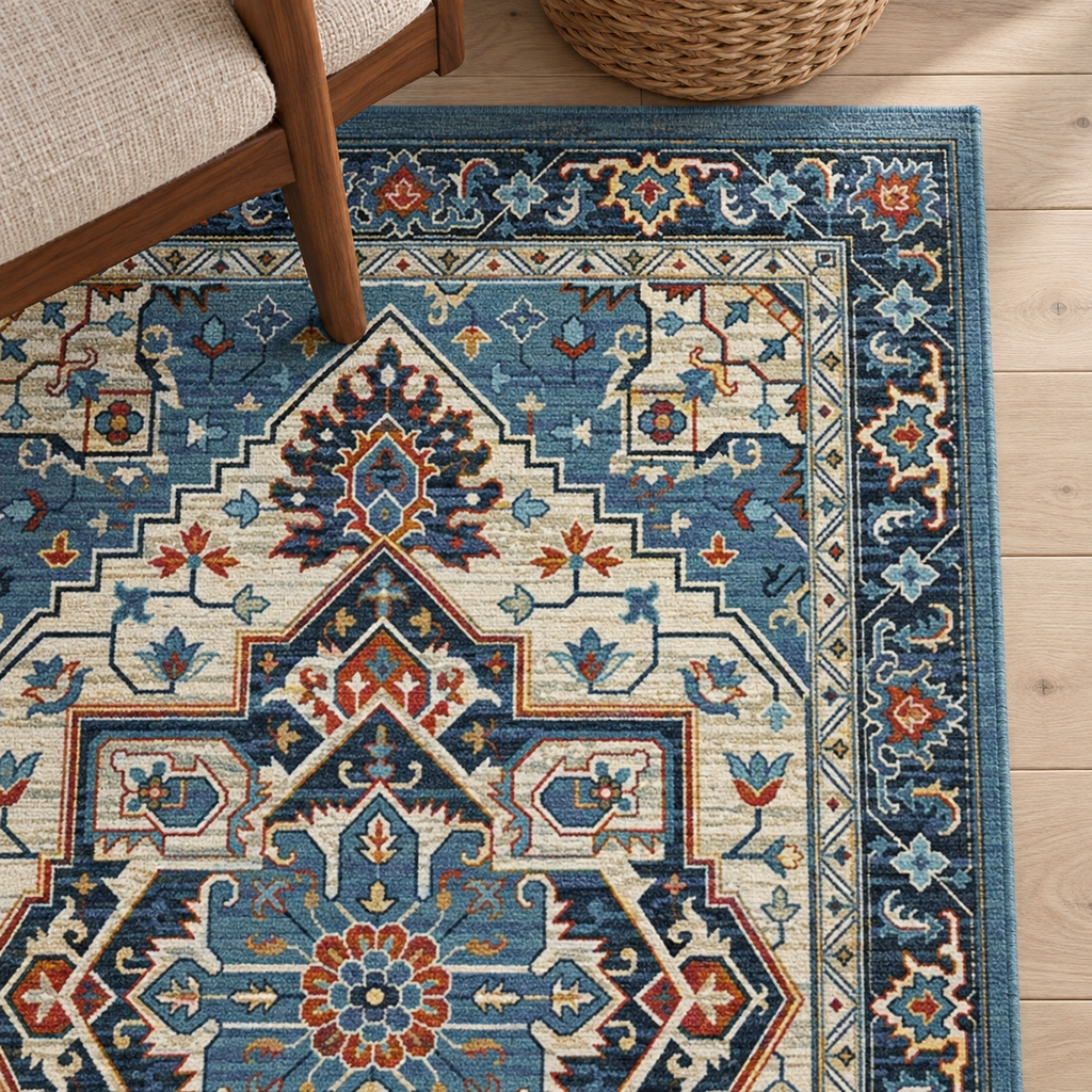 Détail du motif et de la bordure du tapis Alba, vu du dessus