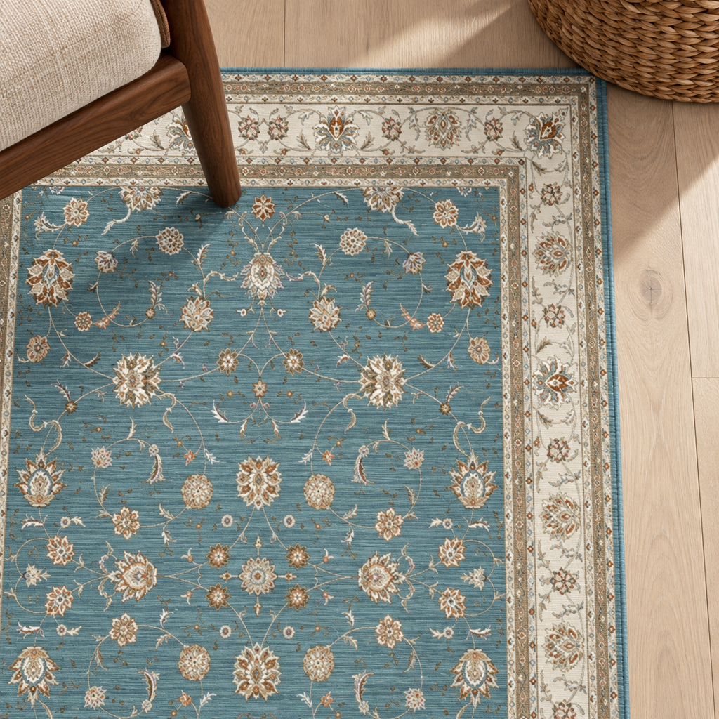 Détail du motif et de la bordure du tapis Albaïa, vu du dessus