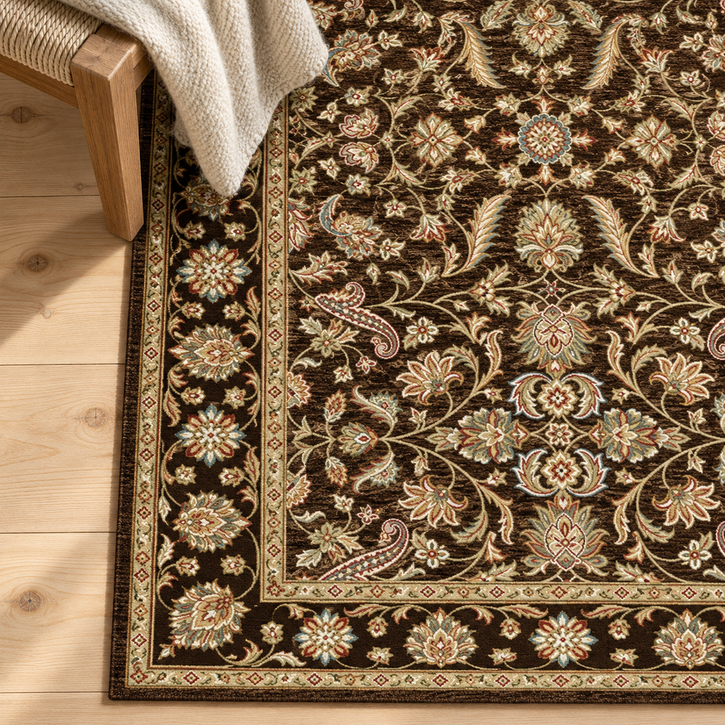Détail du motif et de la bordure du tapis Aliénor, vu du dessus