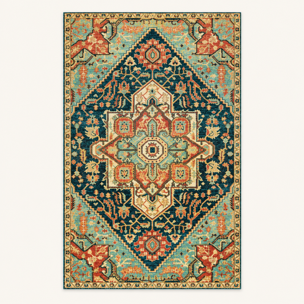 Tapis bohème lavable Alma, vue complète du motif sur fond clair