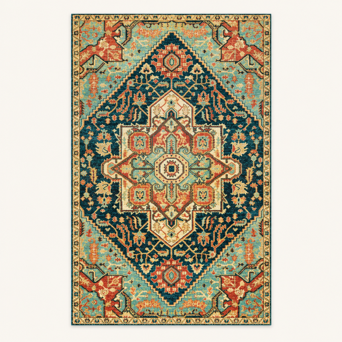 Tapis bohème lavable Alma, vue complète du motif sur fond clair
