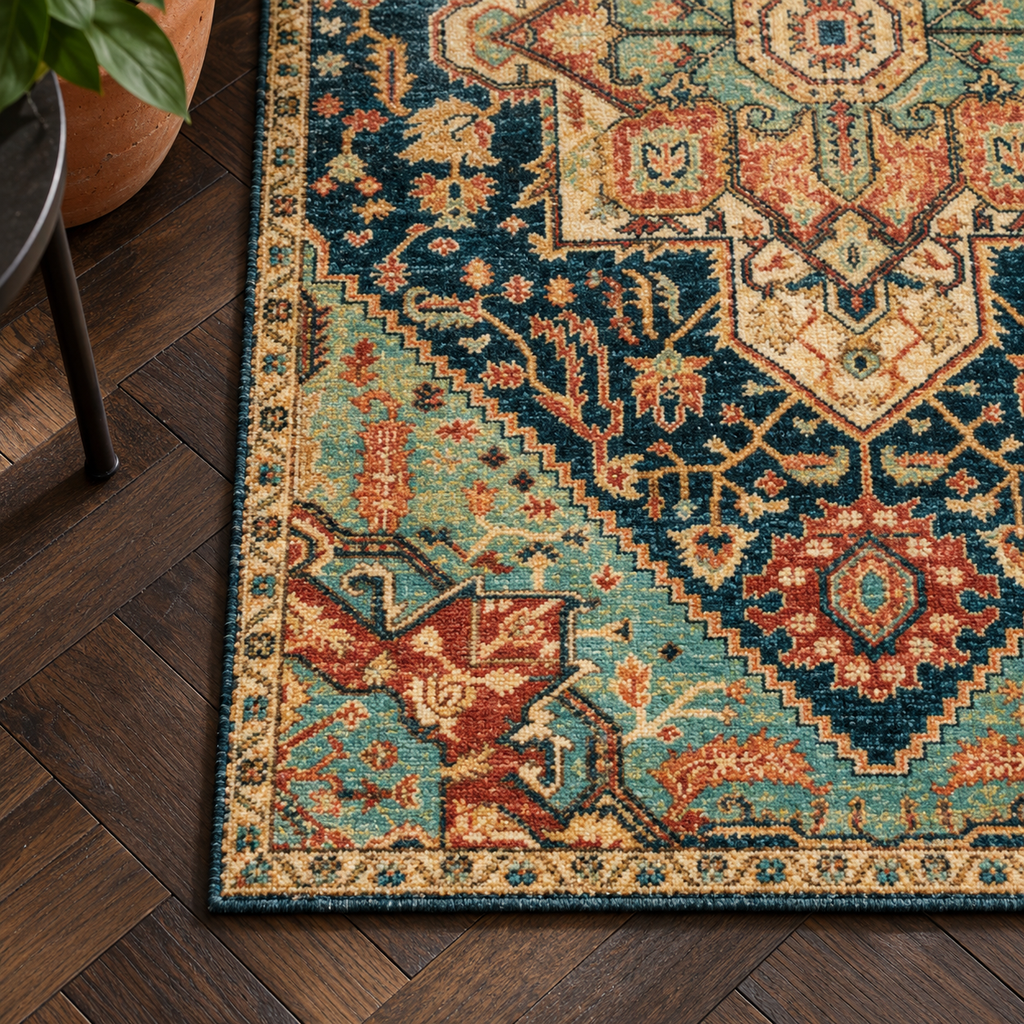Détail du motif et de la bordure du tapis Alma, vu du dessus