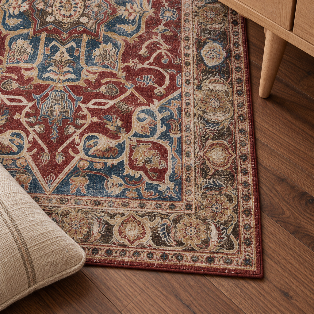 Détail du motif et de la bordure du tapis Amalia, vu du dessus