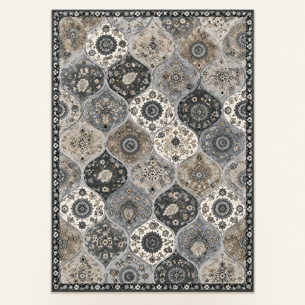 Tapis vintage persan Amira, vue complète du motif sur fond clair