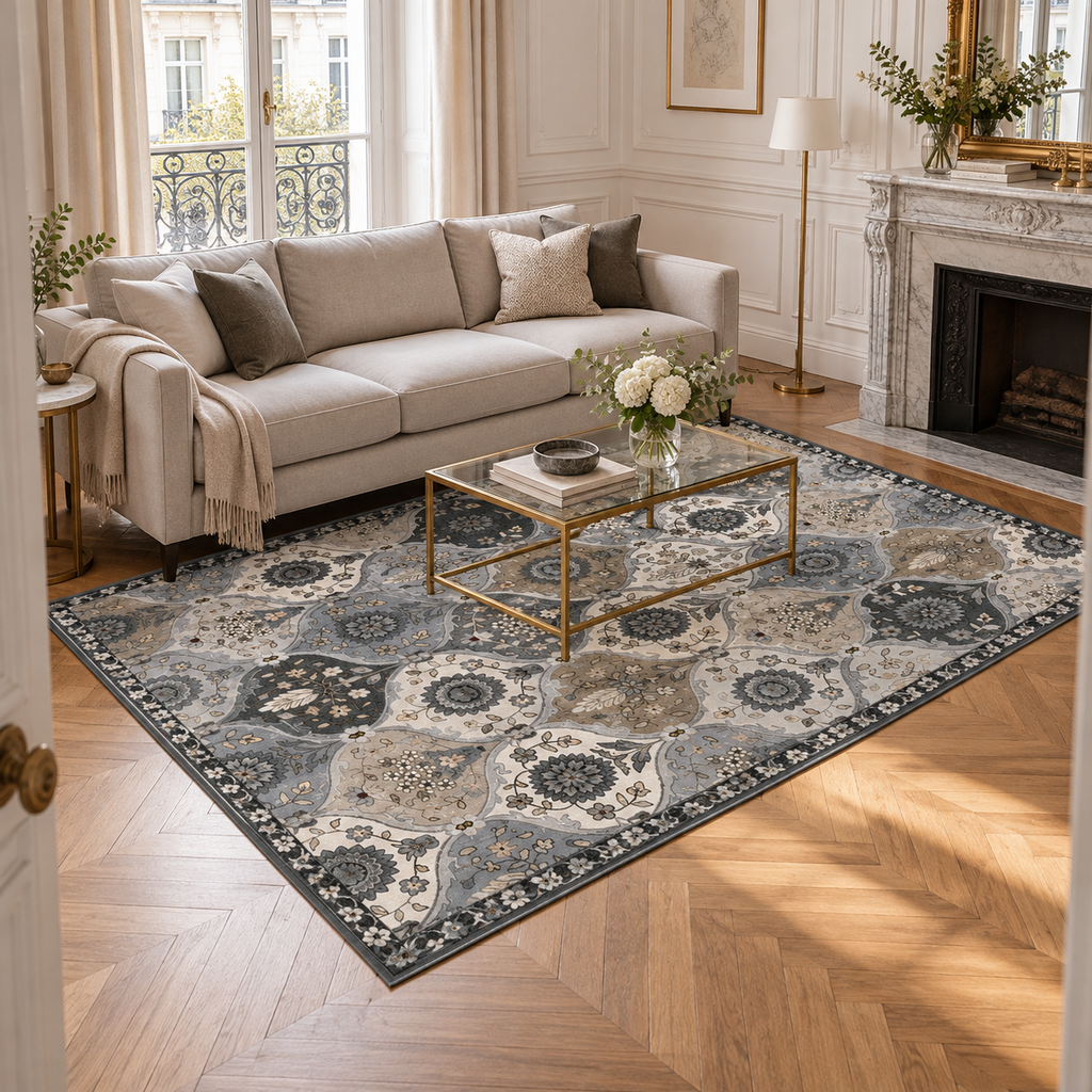Tapis Amira dans un salon haussmannien, vue d'ensemble