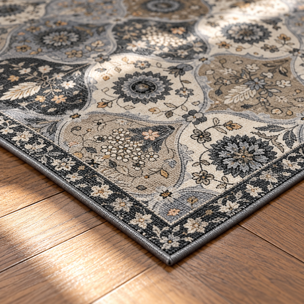 Angle du tapis Amira en gros plan sur parquet