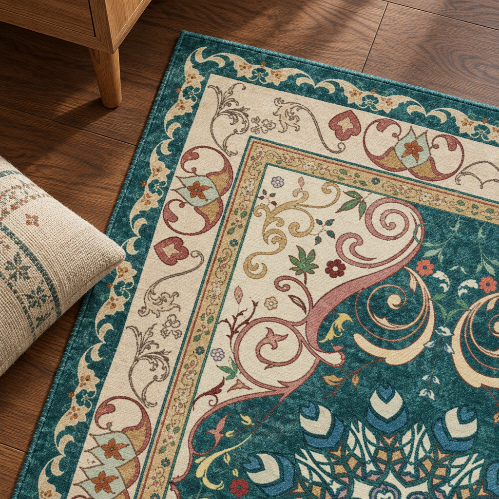Détail du motif et de la bordure du tapis Anaïs, vu du dessus