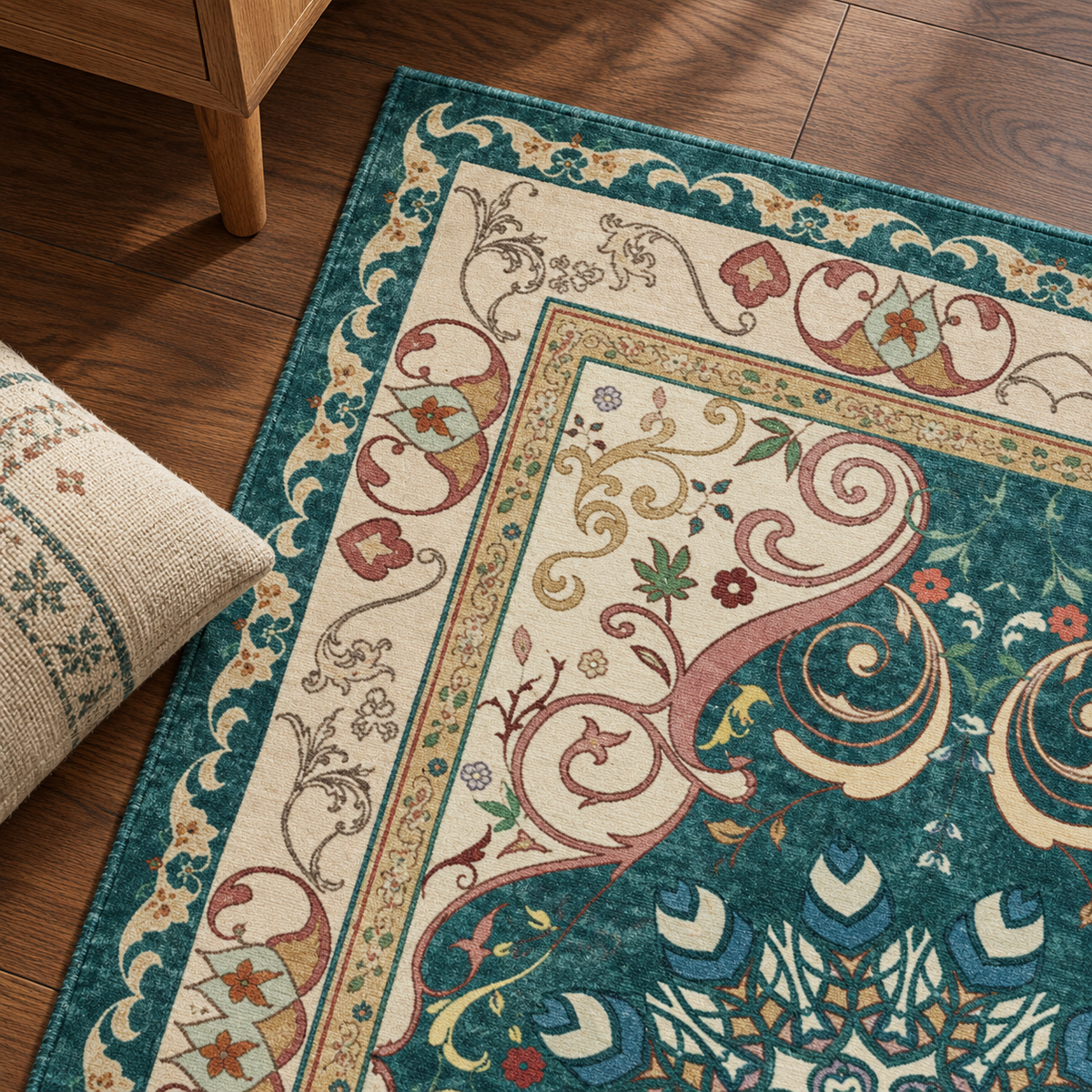Détail du motif et de la bordure du tapis Anaïs, vu du dessus