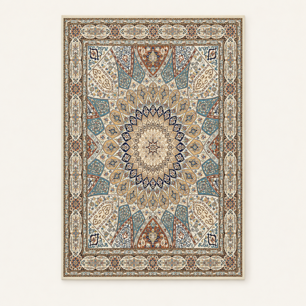 Tapis bohème lavable Apolline, vue complète du motif sur fond clair