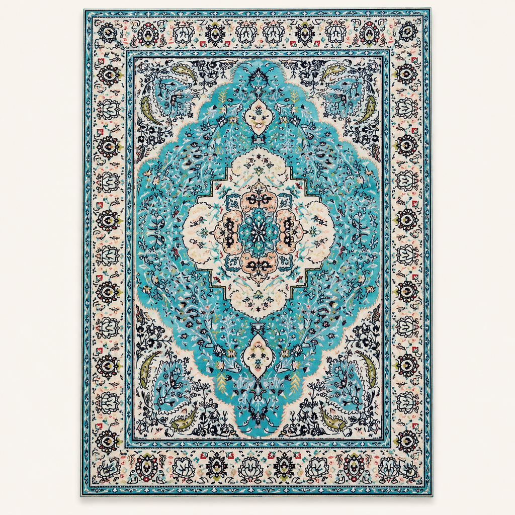 Tapis floral vintage Aurore, vue complète du motif sur fond clair