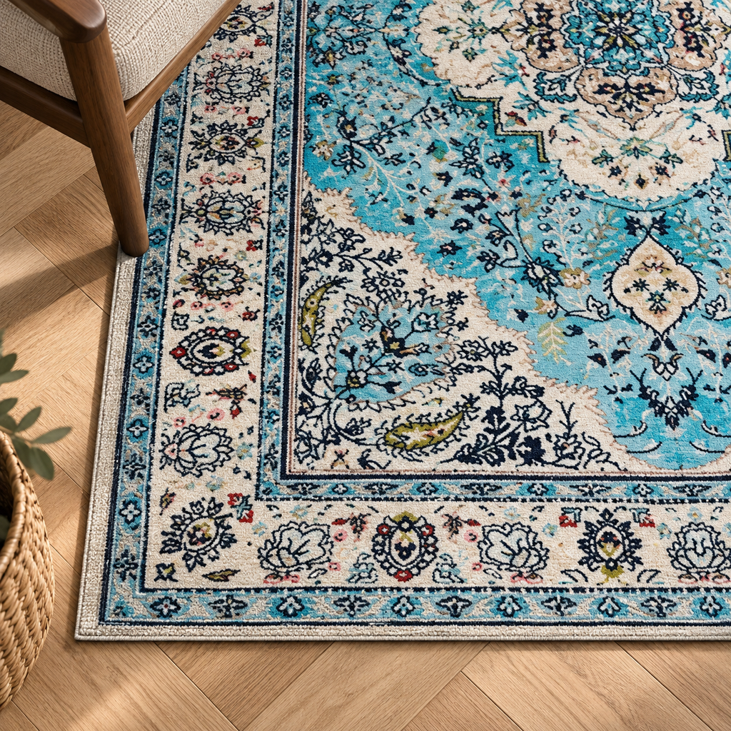 Détail du motif et de la bordure du tapis Aurore, vu du dessus