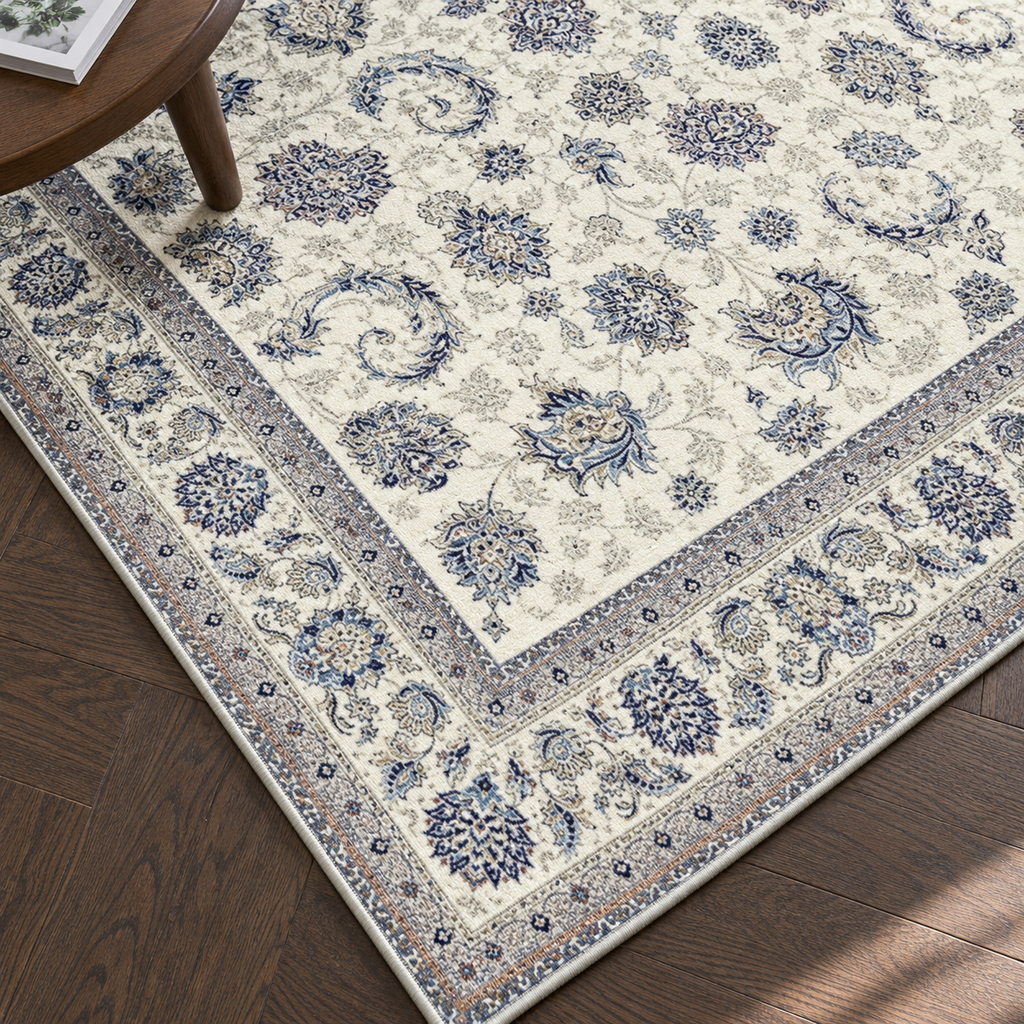 Détail du motif et de la bordure du tapis Azélie, vu du dessus
