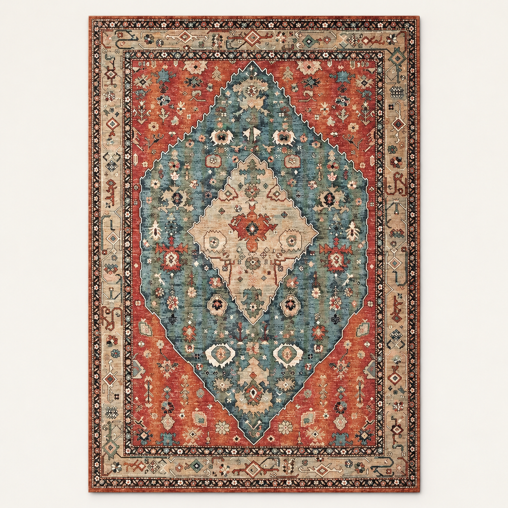 Tapis bohème lavable Aziza, vue complète du motif sur fond clair