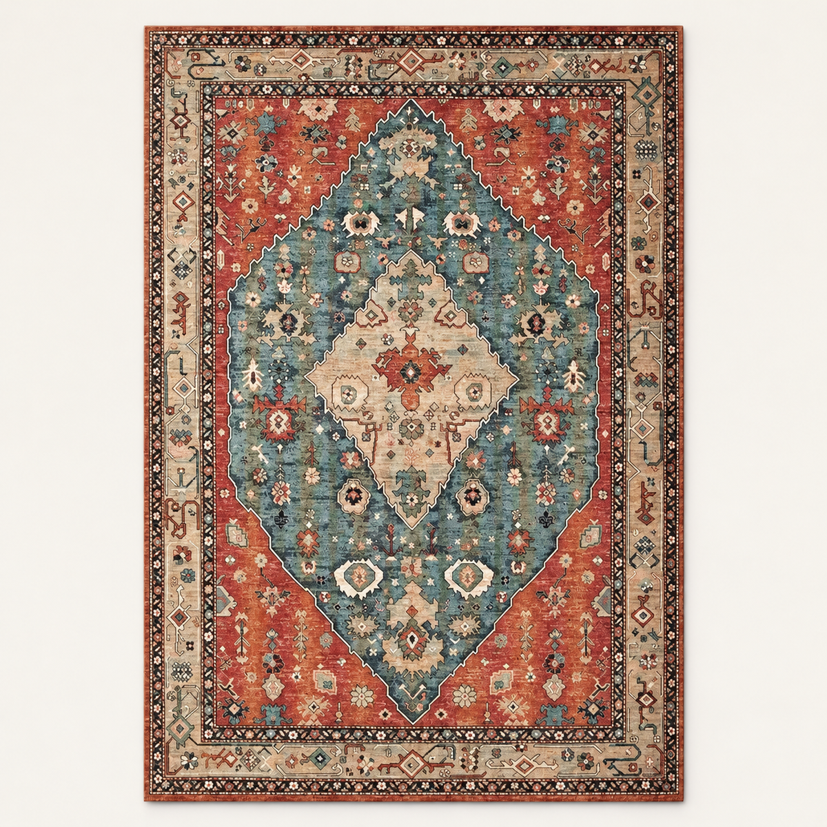 Tapis bohème lavable Aziza, vue complète du motif sur fond clair