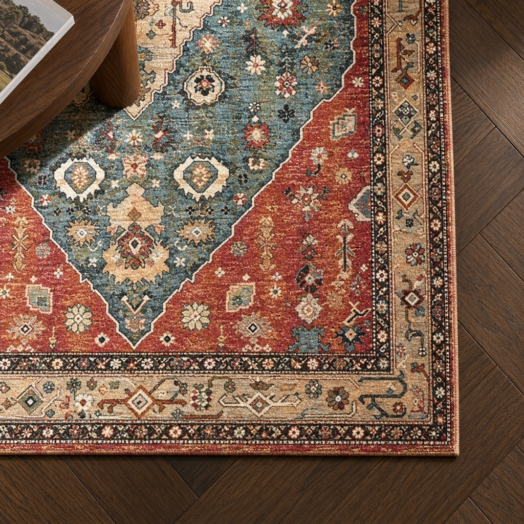 Détail du motif et de la bordure du tapis Aziza, vu du dessus