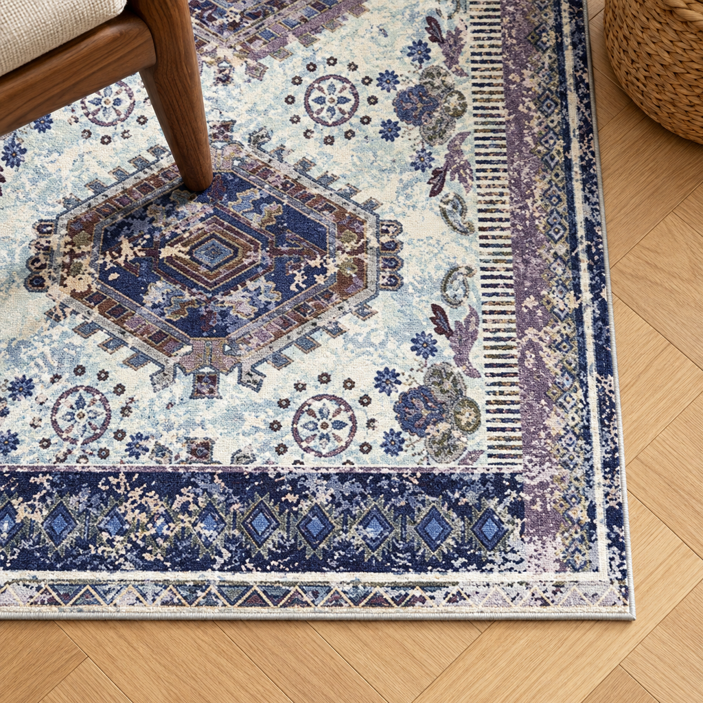 Détail du motif et de la bordure du tapis Béatrice, vu du dessus