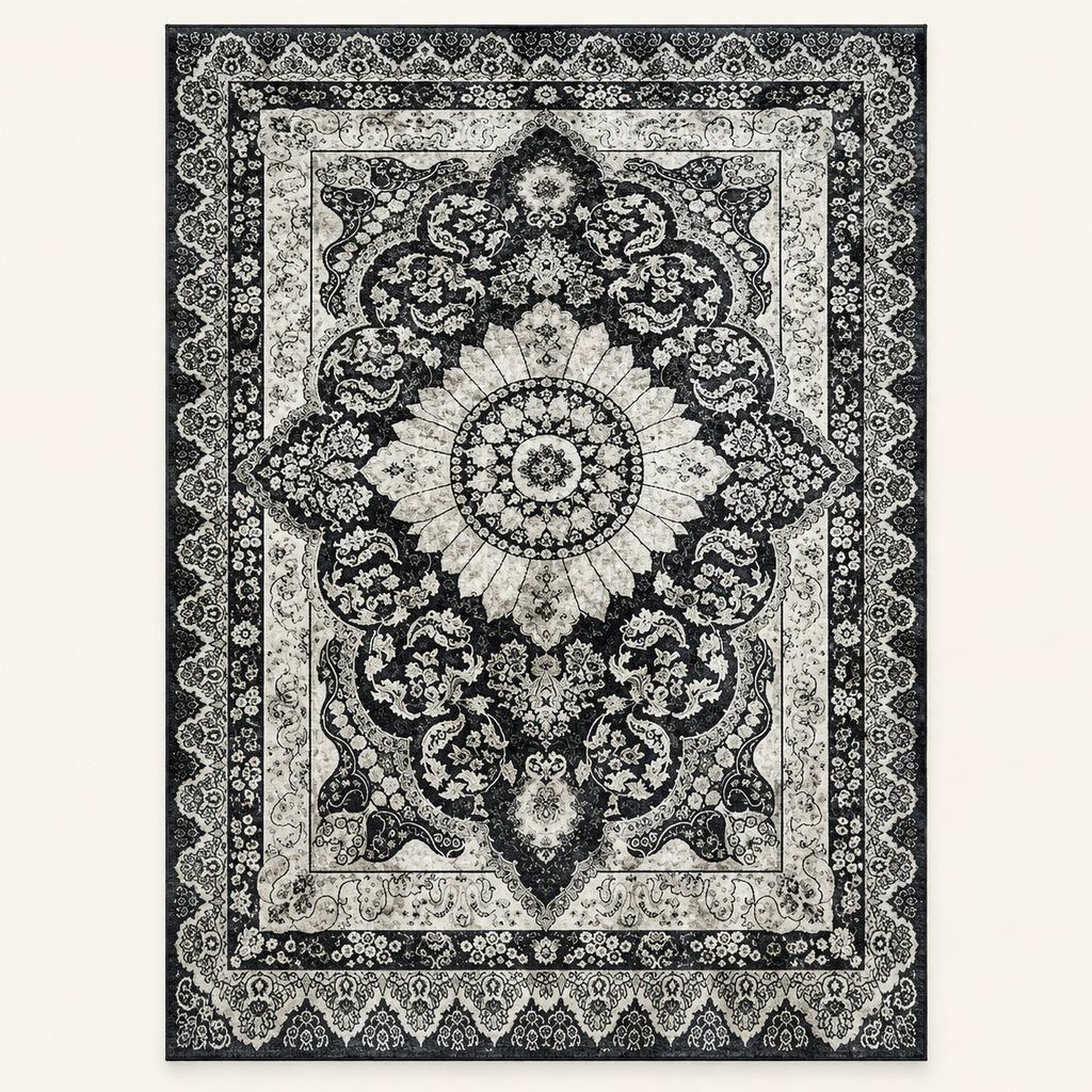 Tapis floral vintage Camélia, vue complète du motif sur fond clair