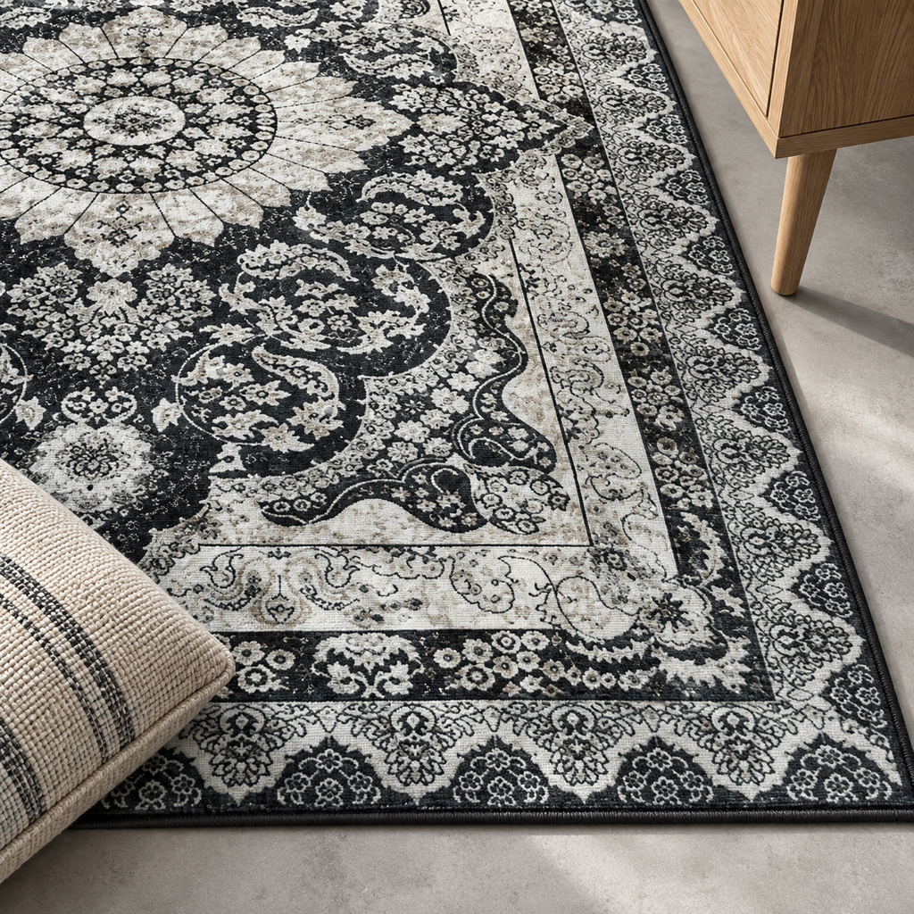 Détail du motif et de la bordure du tapis Camélia, vu du dessus