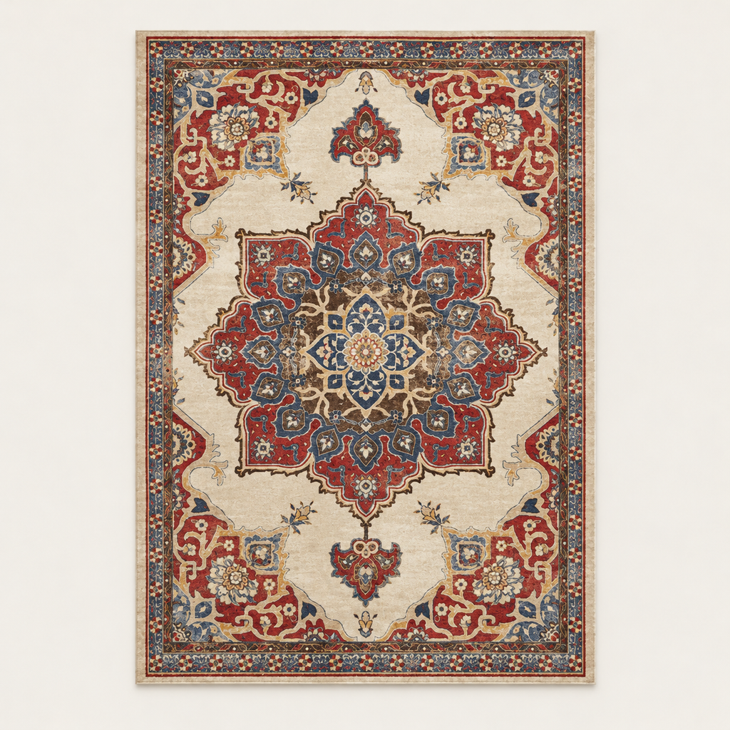 Tapis bohème lavable Célia, vue complète du motif sur fond clair