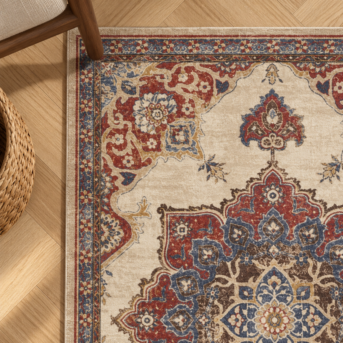 Détail du motif et de la bordure du tapis Célia, vu du dessus