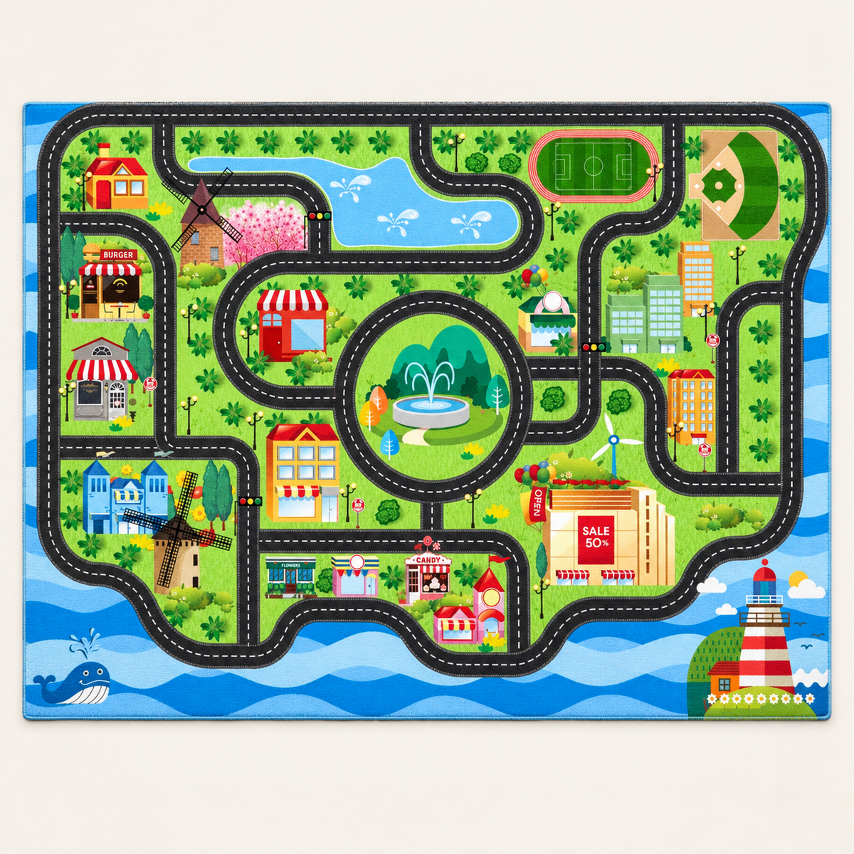 Tapis circuit enfant La Cité, vue complète du motif sur fond clair