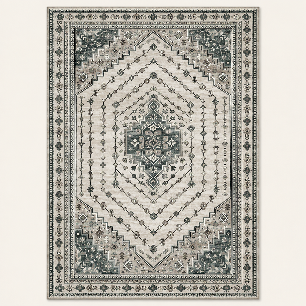 Tapis floral vintage Dahlia, vue complète du motif sur fond clair