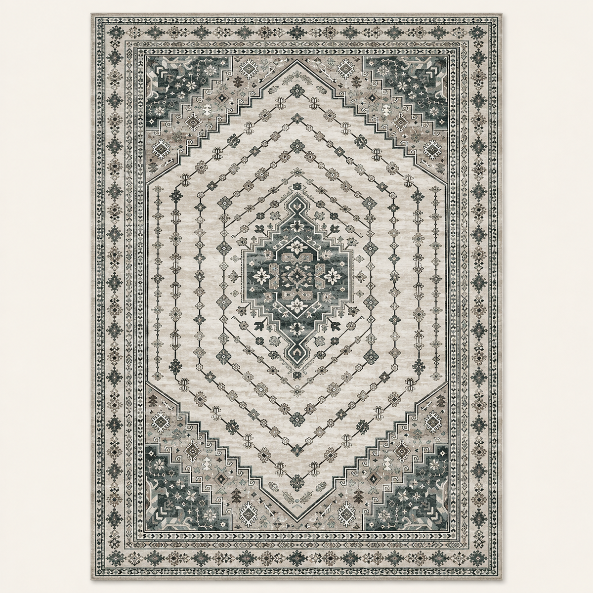 Tapis floral vintage Dahlia, vue complète du motif sur fond clair