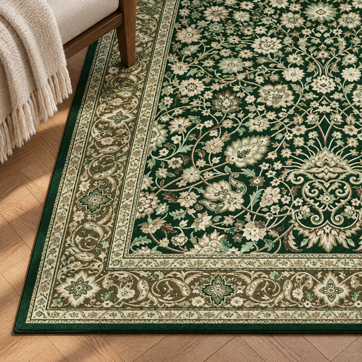 Détail du motif et de la bordure du tapis Églantine, vu du dessus