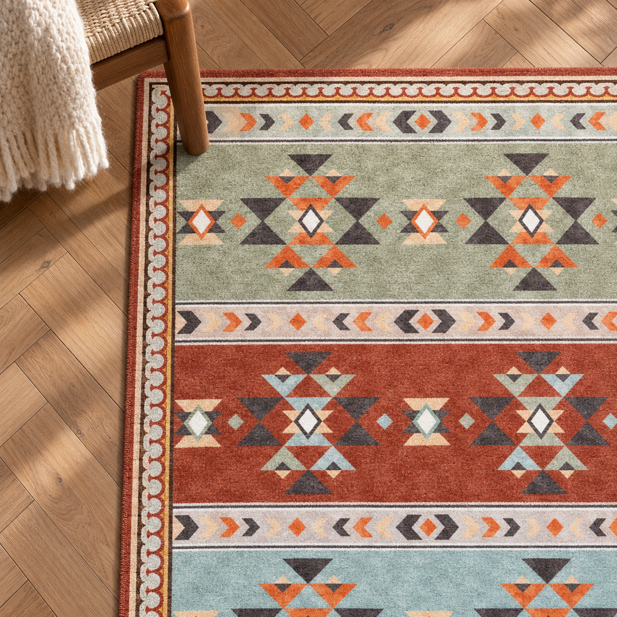 Détail du motif et de la bordure du tapis Éléonore, vu du dessus