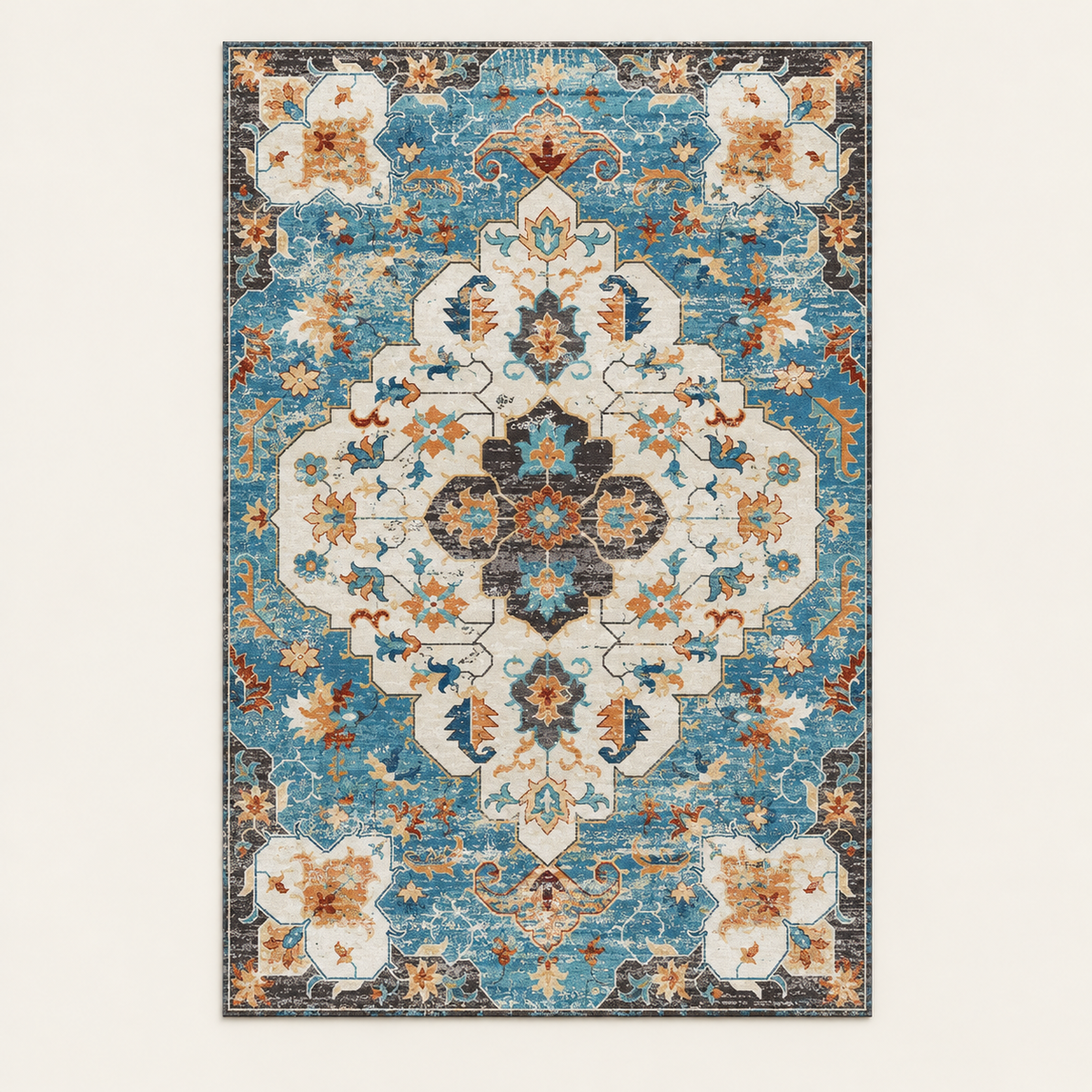Tapis bohème lavable Elina, vue complète du motif sur fond clair