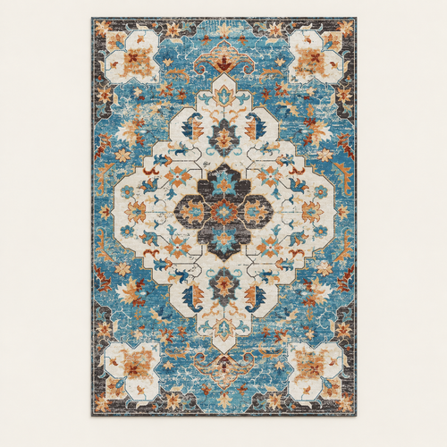 Tapis bohème lavable Elina, vue complète du motif sur fond clair