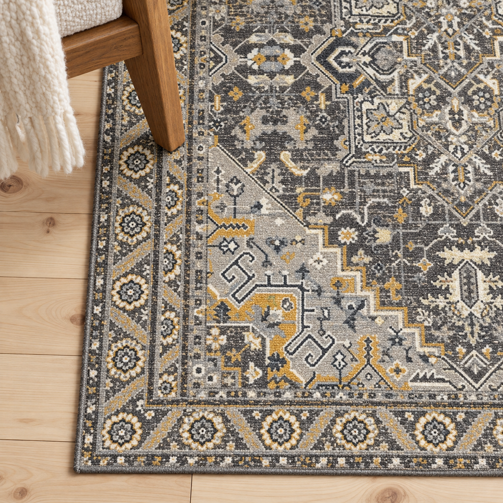 Détail du motif et de la bordure du tapis Éloïse, vu du dessus
