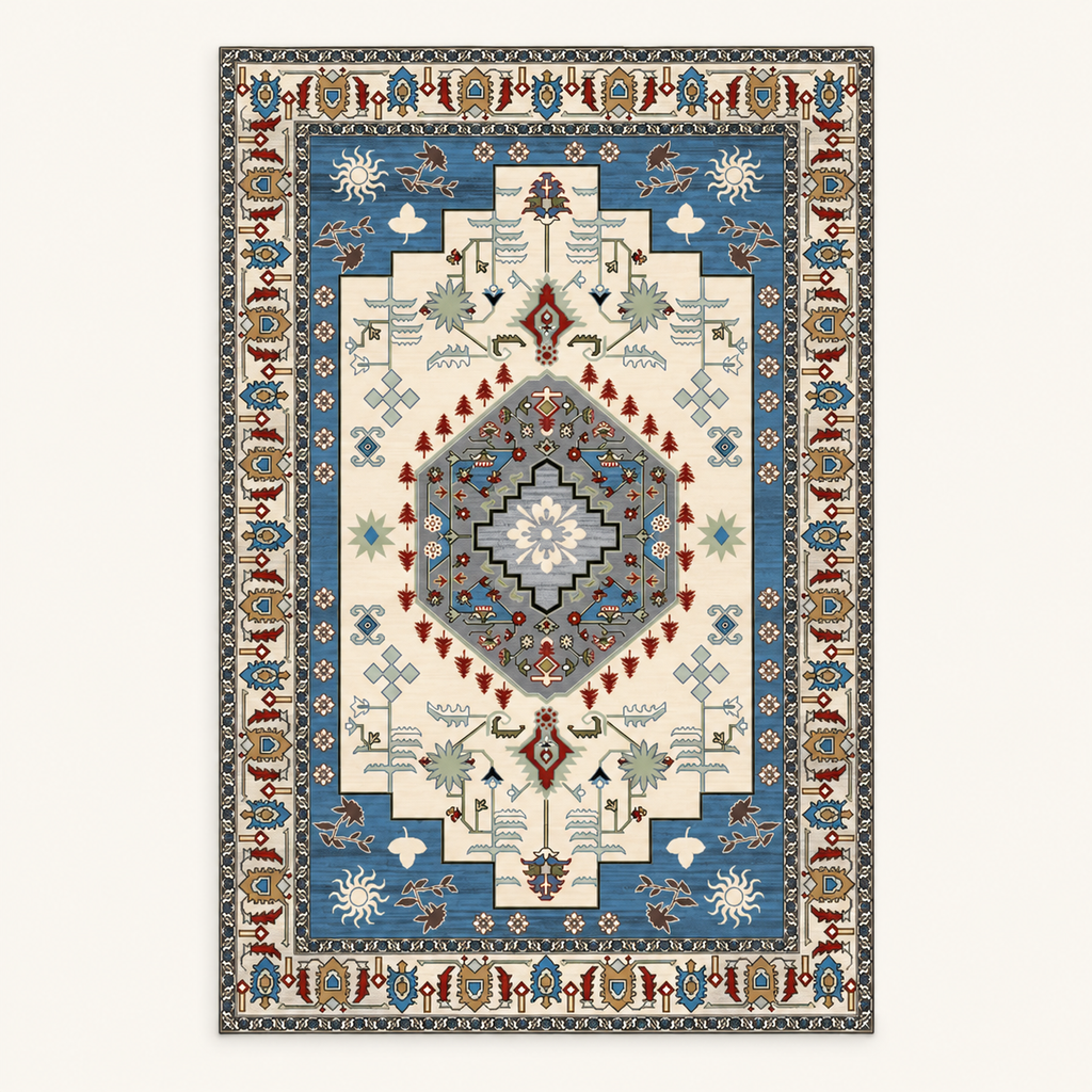 Tapis bohème lavable Émeline, vue complète du motif sur fond clair