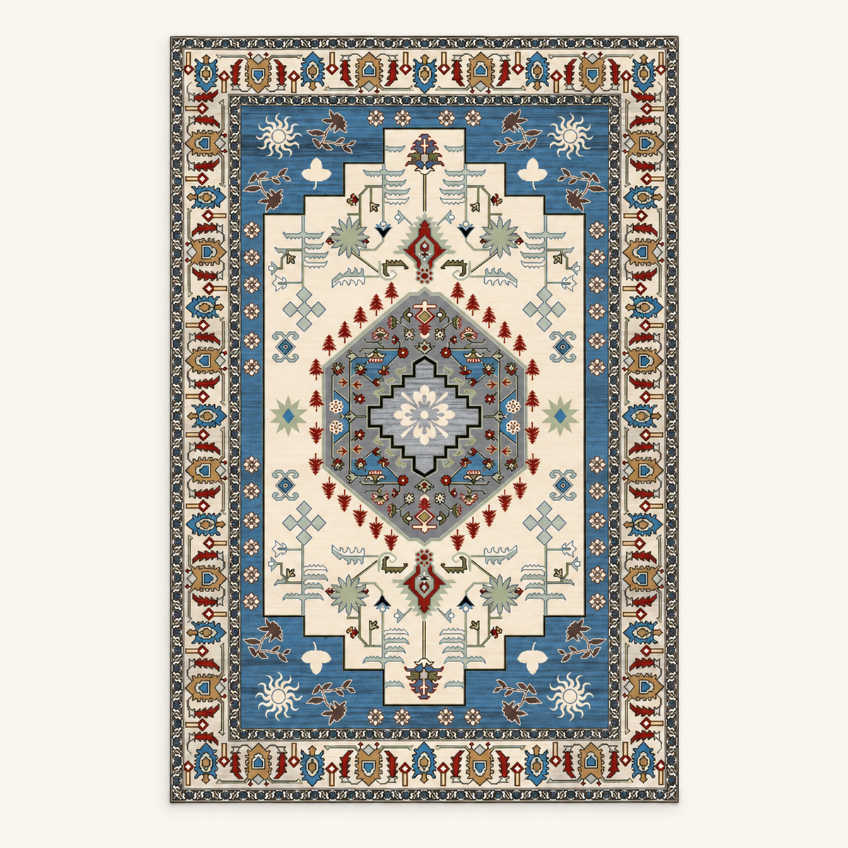 Tapis bohème lavable Émeline, vue complète du motif sur fond clair