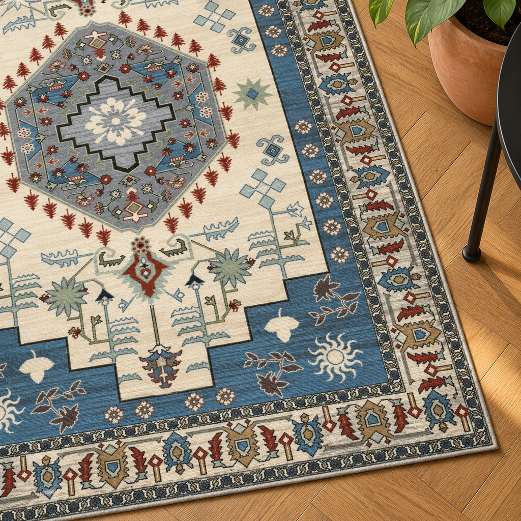Détail du motif et de la bordure du tapis Émeline, vu du dessus