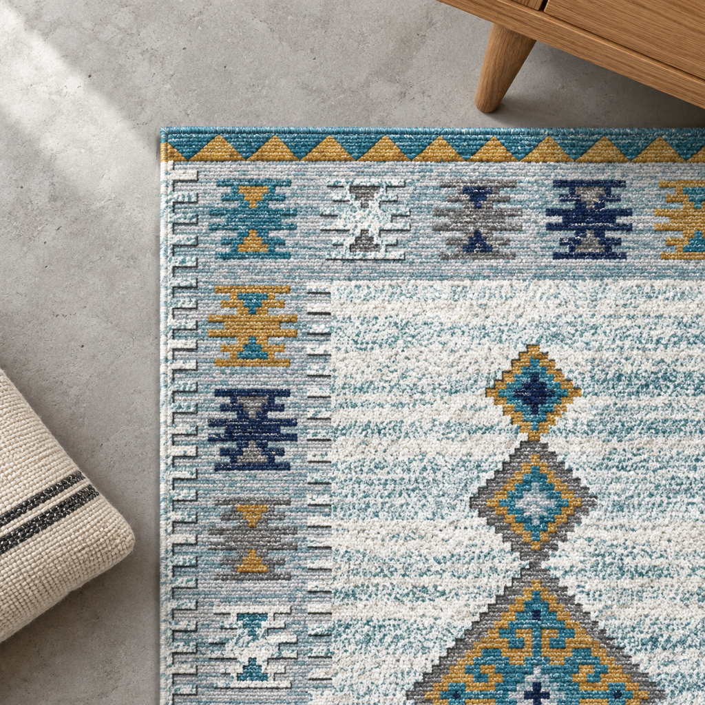 Détail du motif et de la bordure du tapis Esmée, vu du dessus