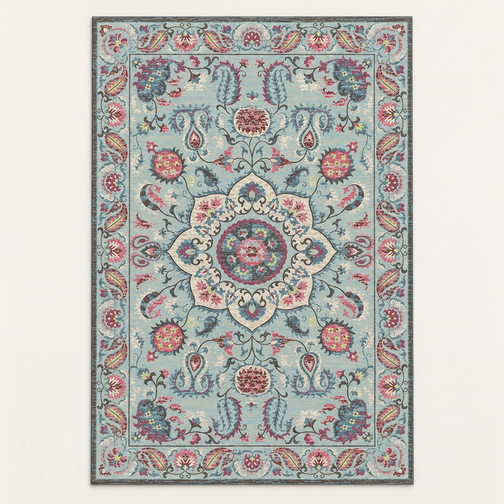 Tapis géométrique rétro Faustine, vue complète du motif sur fond clair