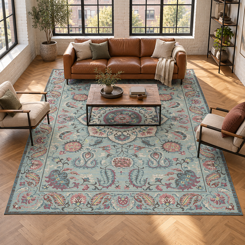 Tapis Faustine dans la pièce, vue d'ensemble