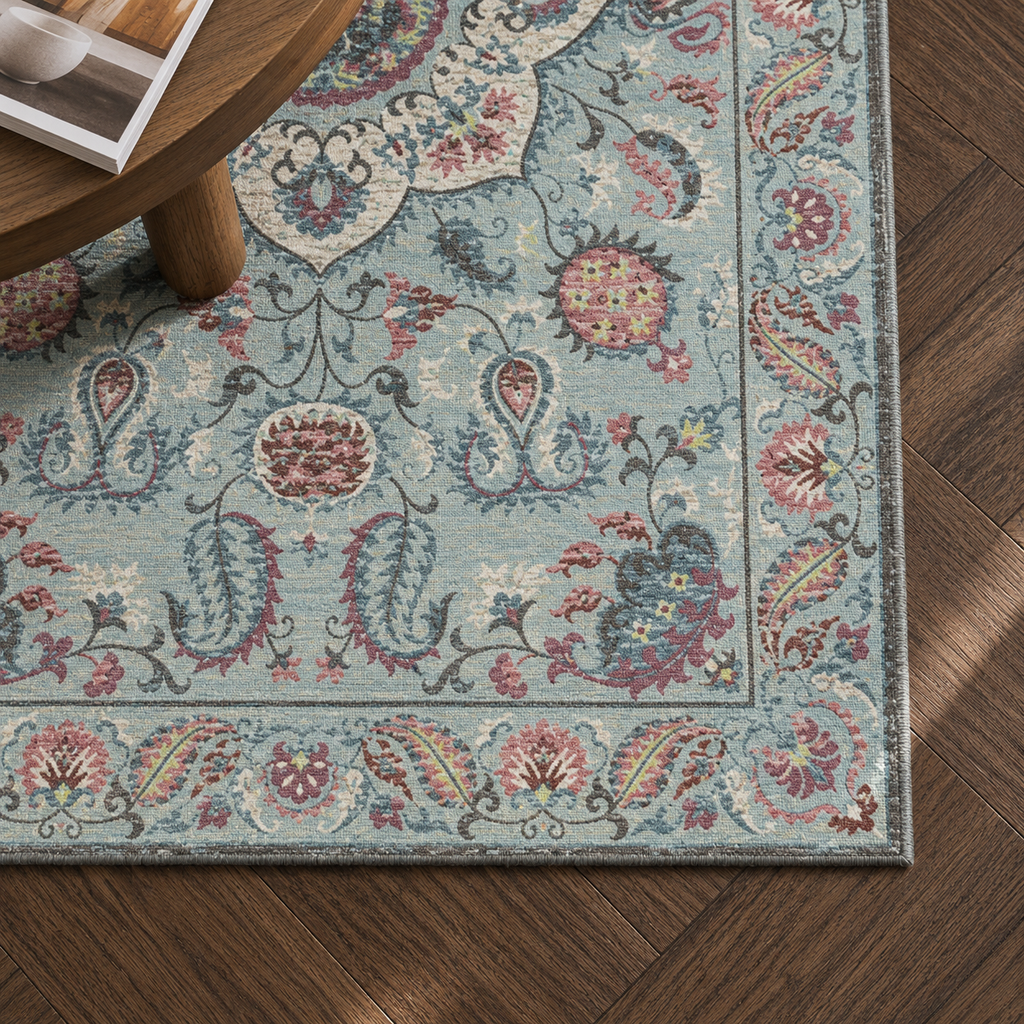 Détail du motif et de la bordure du tapis Faustine, vu du dessus