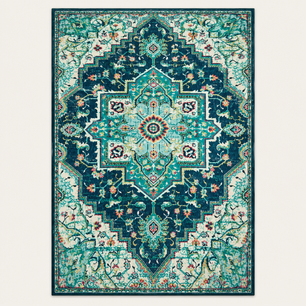 Tapis floral vintage Floriane, vue complète du motif sur fond clair