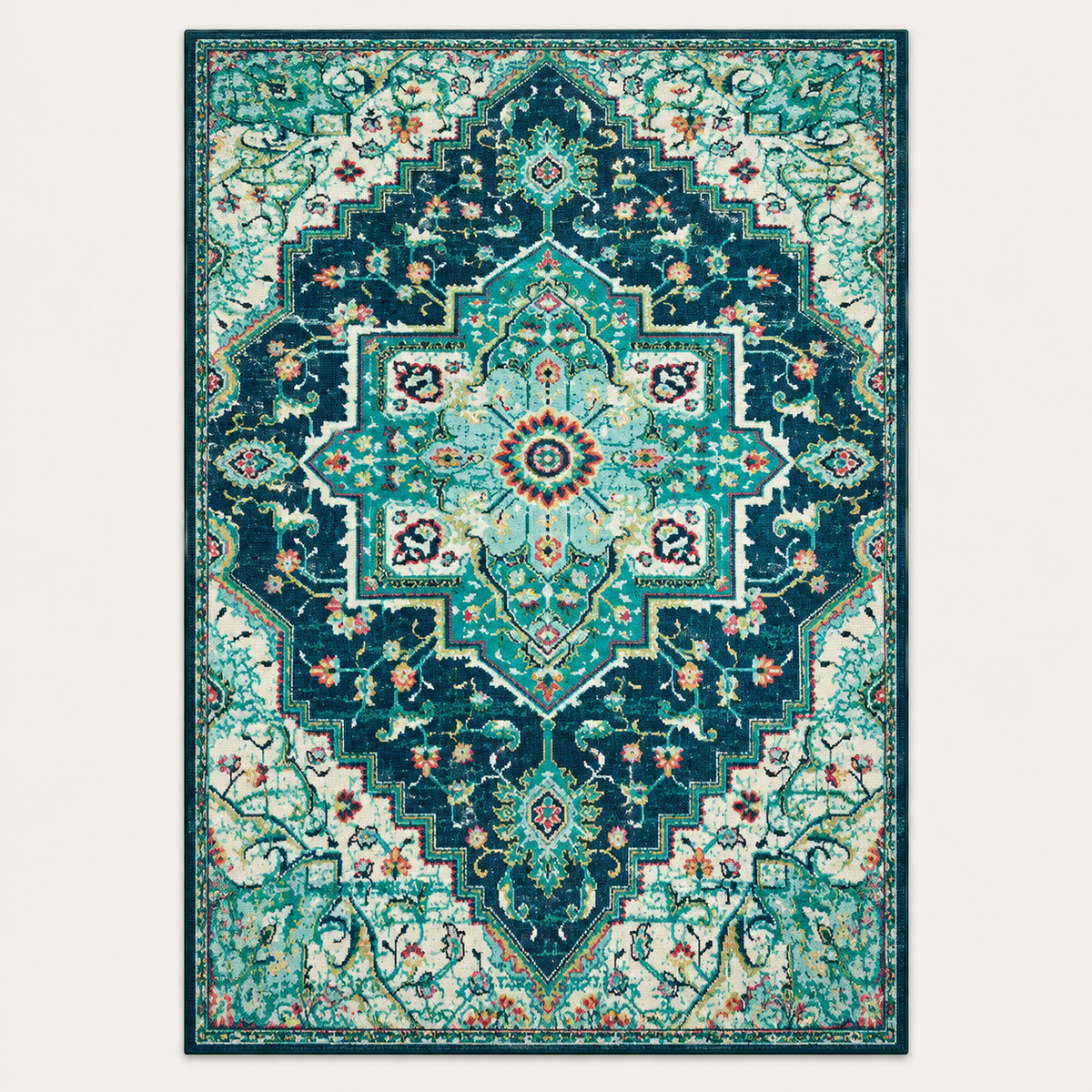 Tapis floral vintage Floriane, vue complète du motif sur fond clair