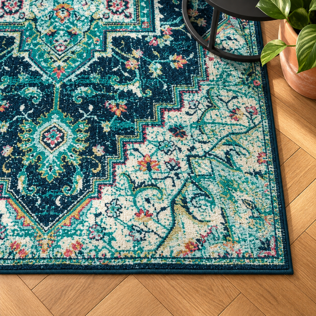 Détail du motif et de la bordure du tapis Floriane, vu du dessus