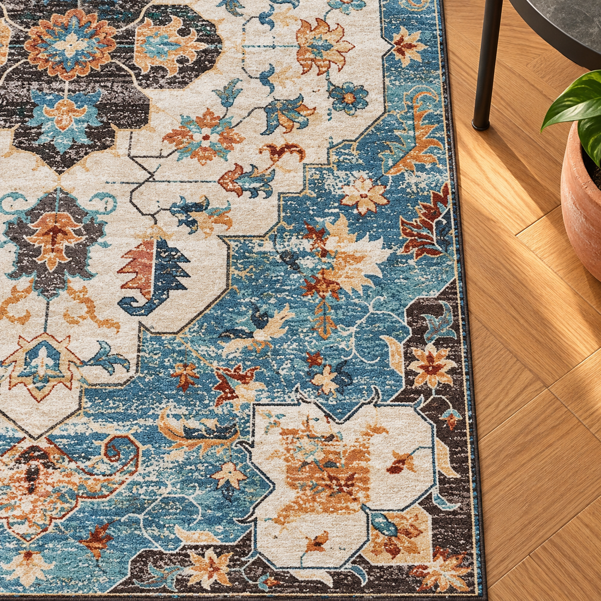 Détail du motif et de la bordure du tapis Garance, vu du dessus