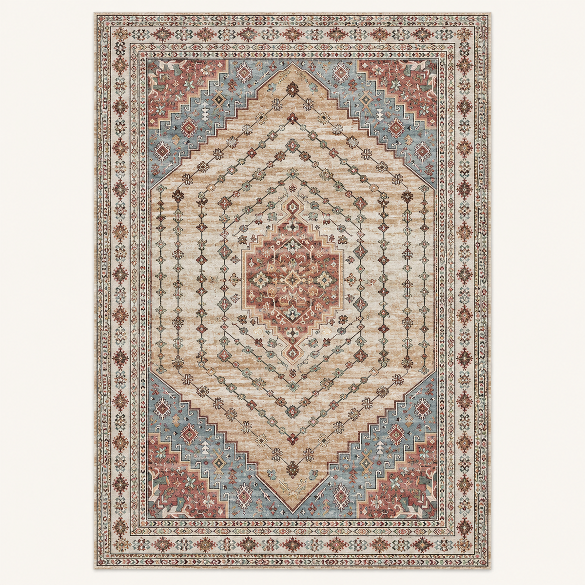 Tapis floral vintage Hortense, vue complète du motif sur fond clair