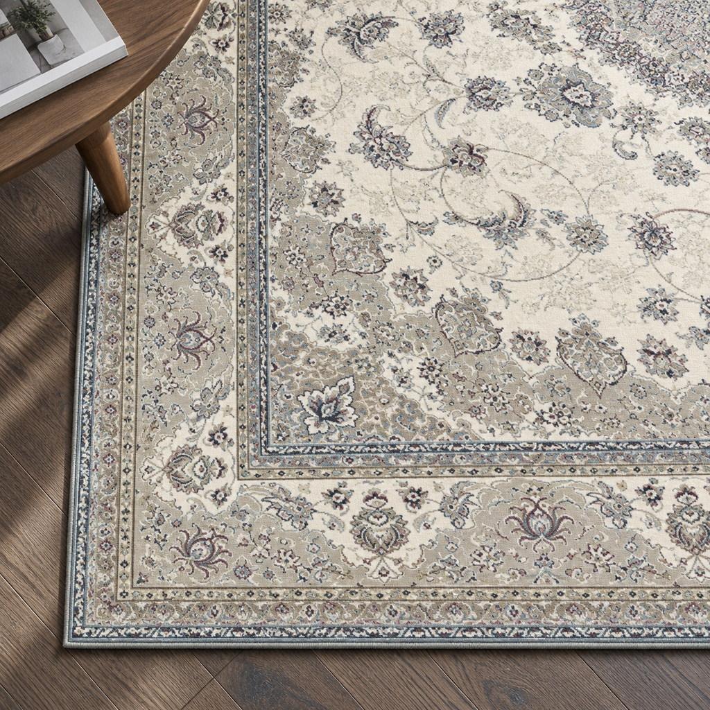 Détail du motif et de la bordure du tapis Inès, vu du dessus