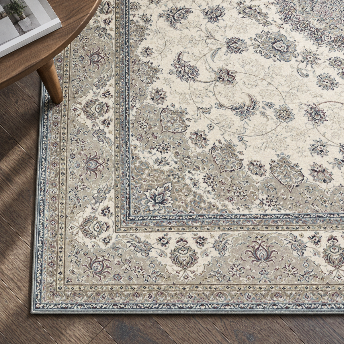 Détail du motif et de la bordure du tapis Inès, vu du dessus