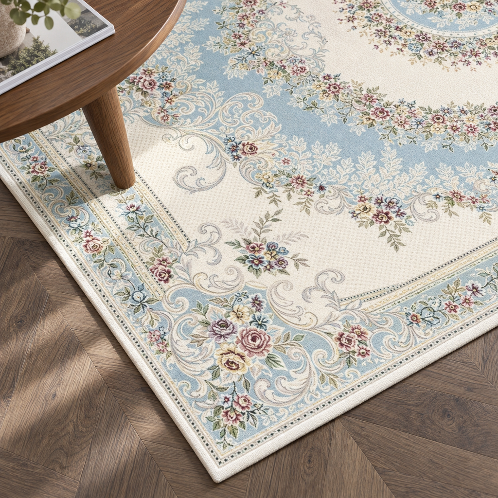 Détail du motif et de la bordure du tapis Isadora, vu du dessus