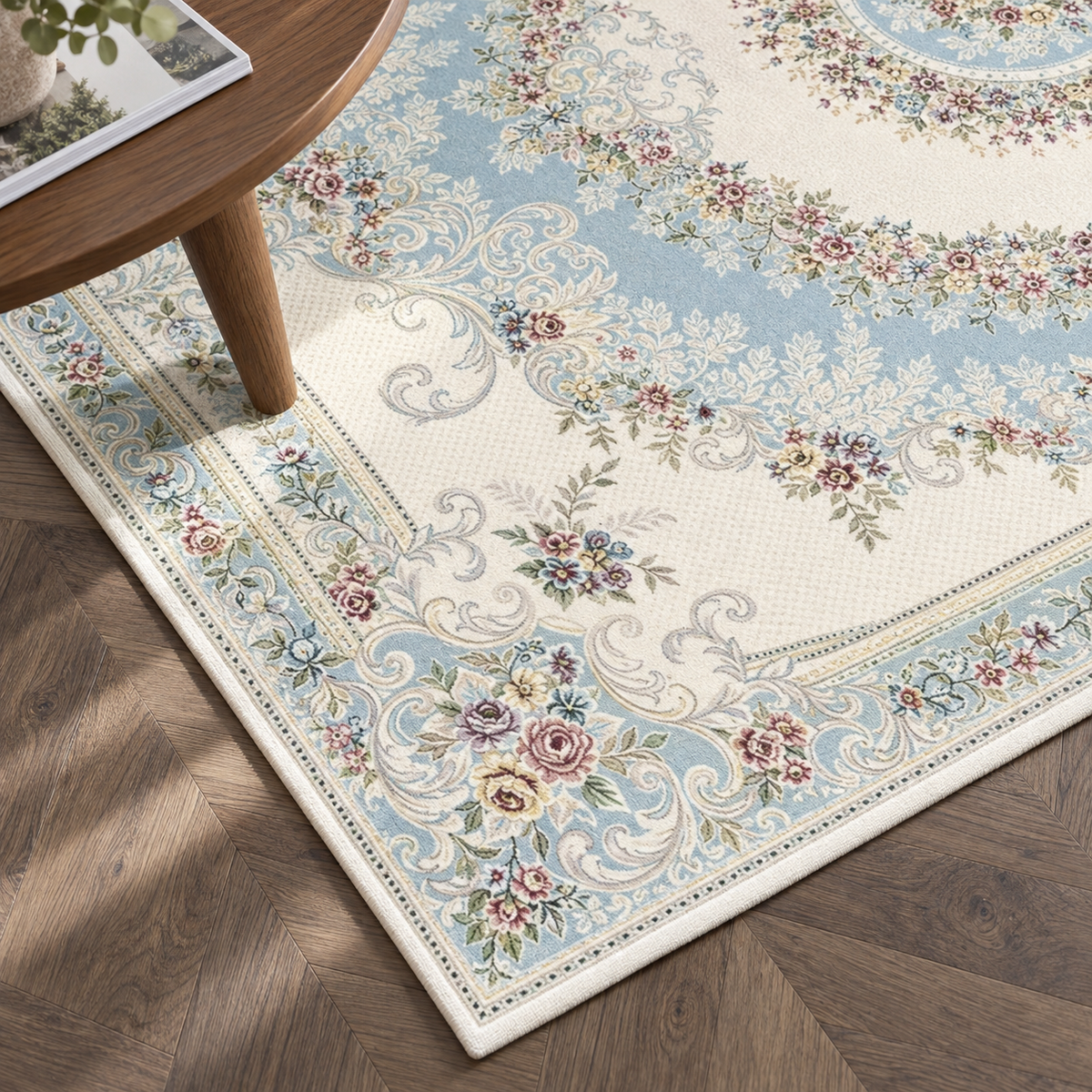 Détail du motif et de la bordure du tapis Isadora, vu du dessus